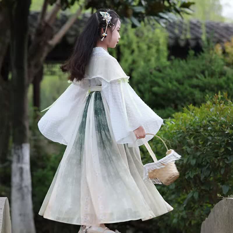 九虞氏女童汉服连衣裙襦裙儿童汉服童装夏季中国风中大童唐装公主裙 清合如故绿 170 (适合153-162cm)