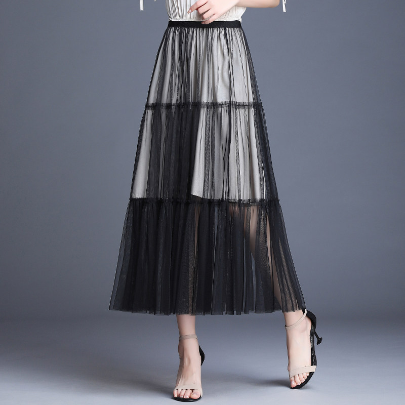 艾诗甜网沙半身裙子黑色透视网纱春女2021新款中长款纱裙单层纱外搭百