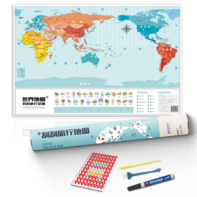 【送工具】2019新版 世界地图刮刮画 我的足迹 客厅装饰墙贴画 世界旅行打卡地图 594*394m
