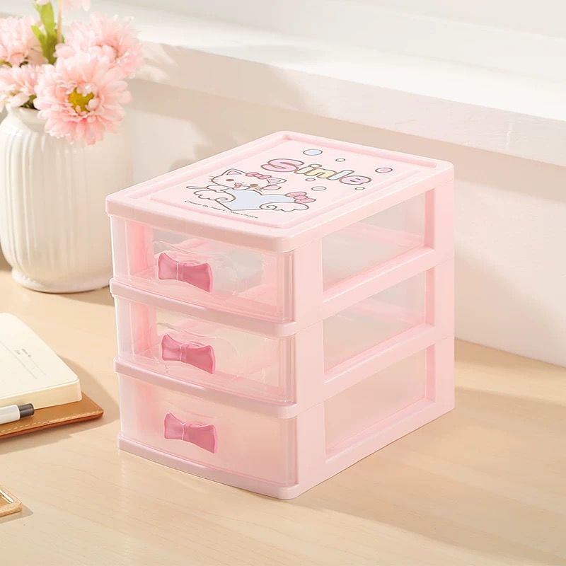 桌面收纳盒抽屉式多层塑料透明可爱小收纳柜文具饰品储物盒 粉色3层