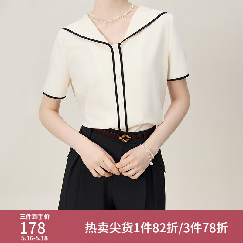 范思蓝恩减龄海军领衬衫女2024夏装新款韩版显瘦撞色V领衬衣上衣 淡奶油 L
