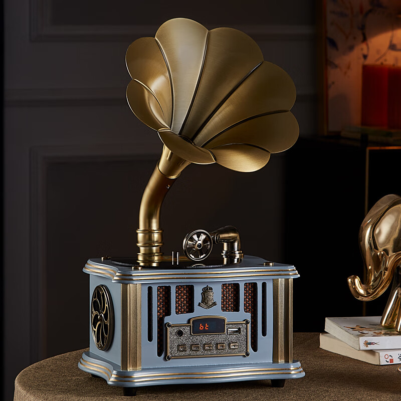 洛斯贝拉家用复古留声机欧式客厅实木仿古电唱机摆件模型音响美式仿真黑胶唱片机古典模型 1901灰蓝描金（充电款）