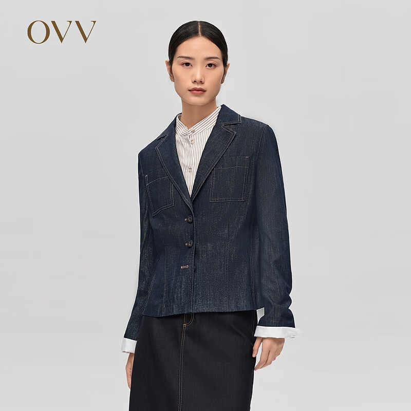 OVV2023秋冬新款女装意大利进口休闲平驳领牛仔单件西服外套 牛仔蓝（净色）A8 XL