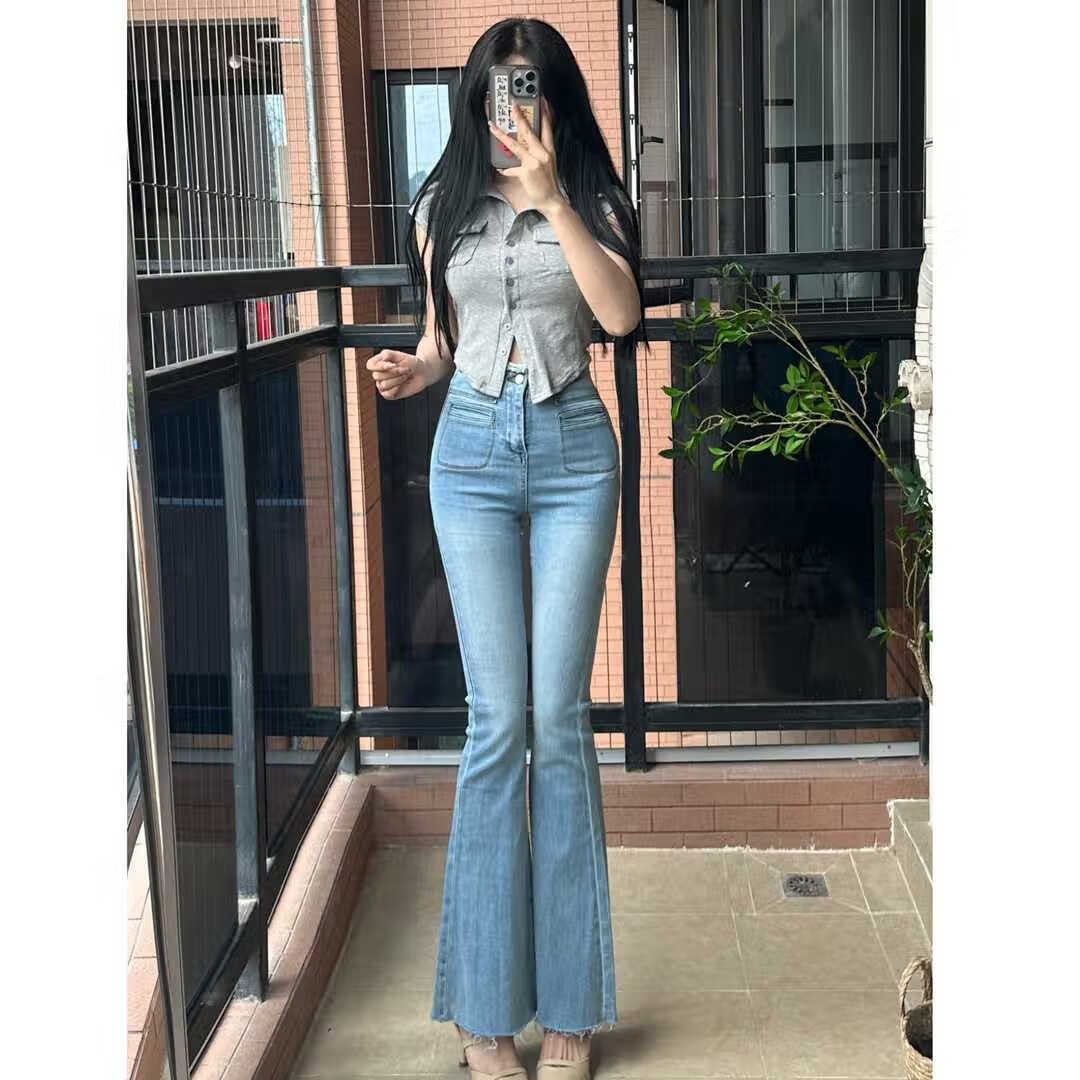 芒喆超低腰性感牛仔裤女九分美式朋克微喇辣妹高腰微喇叭牛仔裤女早秋