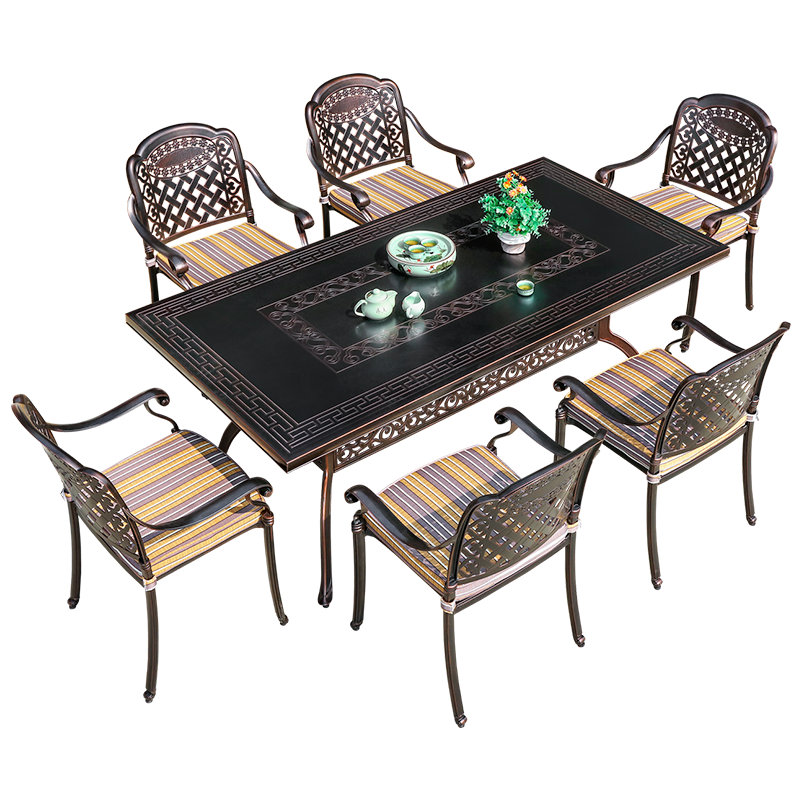 嘉勒美 铸铝桌椅户外阳台椅子铁艺休闲庭院组合室外商用桌椅七件套 6椅+162*90cm长桌(含垫))