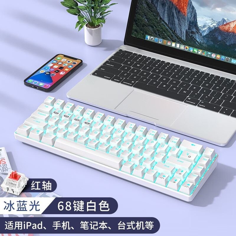 新盟XM-RF68/84键 机械键盘青轴三模热插拔2.4G/有线/蓝牙游戏键盘全键无冲电脑外设产品 白色68键-红轴-冰蓝光-单色