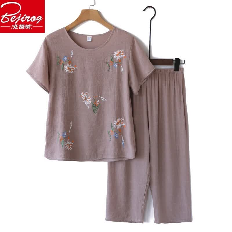 北极绒（Bejirog）奶奶棉麻居家夏款短袖宽松妈妈套装两件套中老年睡衣 粉色《睡衣套装》 3XL 适合150-175