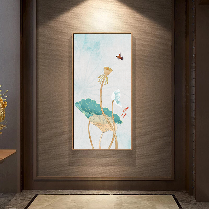 新中式装饰画客厅墙上挂画中式荷花壁画玄关竖版入户水墨画禅意莲花图