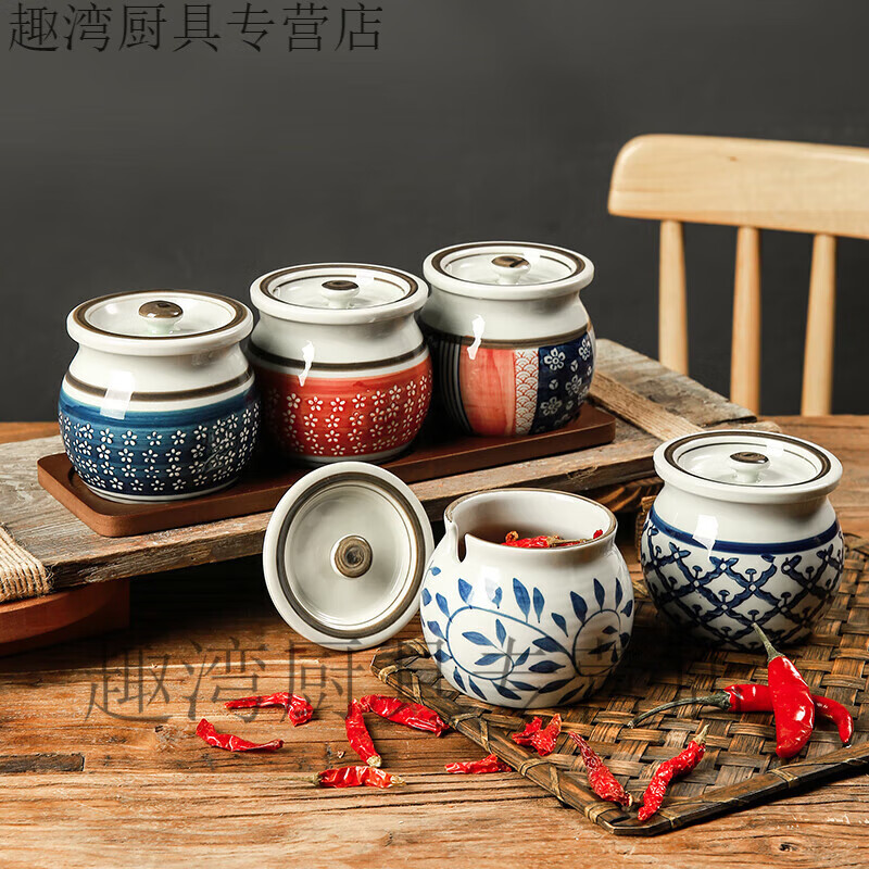 盛芯华陶瓷调料罐 日式调味品罐调料器皿盐罐猪油罐佐料盒 厨房调料罐套 繁花-调味罐+勺