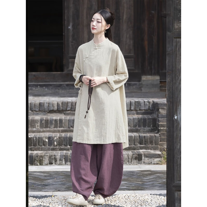 筑凡禪意女裝秋冬居士服新中式修行禪服佛系棉麻套裝素衣斜襟上衣寺院 麻色上衣8259#+紫色褲子 6188# L