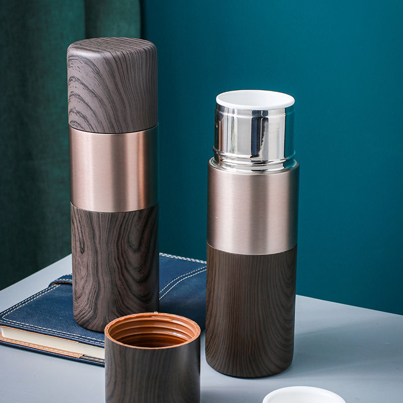 GROOT陶瓷内胆保温杯木纹运动便携水杯子男女办公室商务泡茶水杯礼品杯 升级款带陶瓷茶隔(浅棕色)