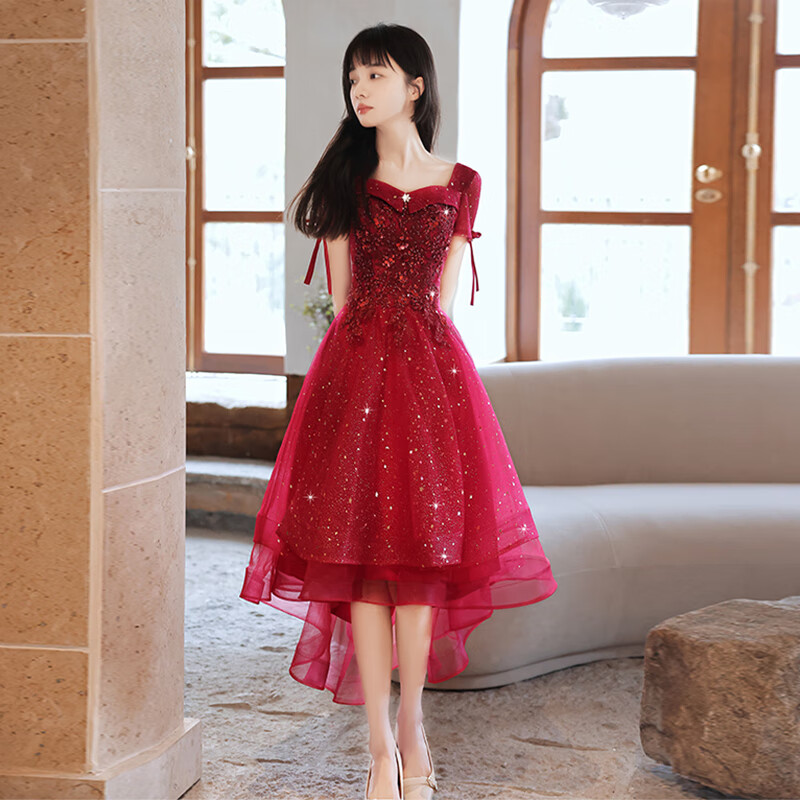 新款酒红色轻婚纱结婚回门订婚小个子晚礼服纱裙女 酒红色前短后长 xs