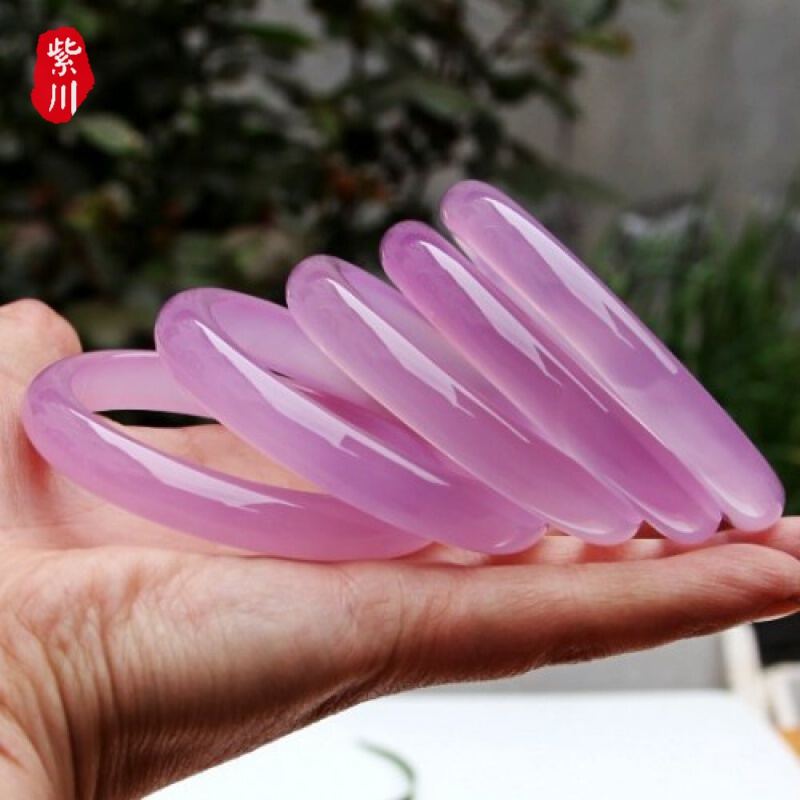 紫川 粉水晶玉髓手镯细条贵妃玉镯子玛瑙手镯女款创意冰花芙蓉玉手镯