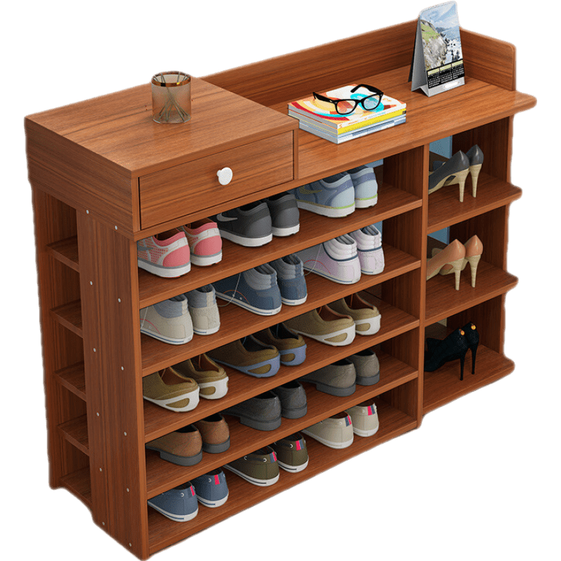 鞋柜多层简易组装收纳鞋柜家用经济型实木色多功能置物架子门口大容量省空间 80cm六层古檀木色 组装