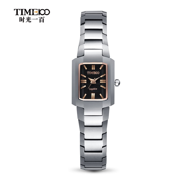 时光一百（TIME100）女表时尚方形钨钢女士手表防水石英表 黑间咖色