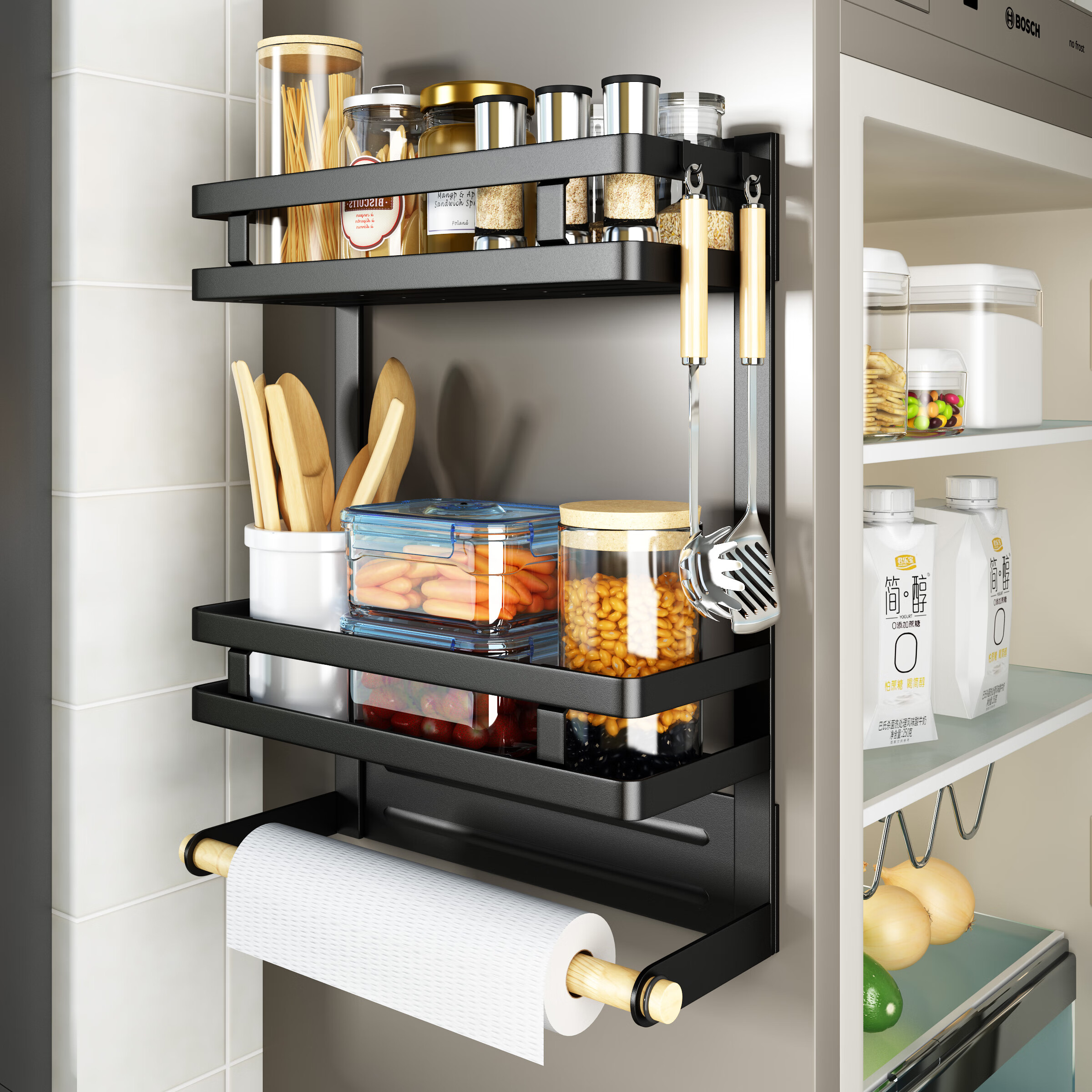 布蔓纯冰箱挂架侧壁磁吸磁吸冰箱置物架侧面收纳架厨房纸巾保鲜膜多