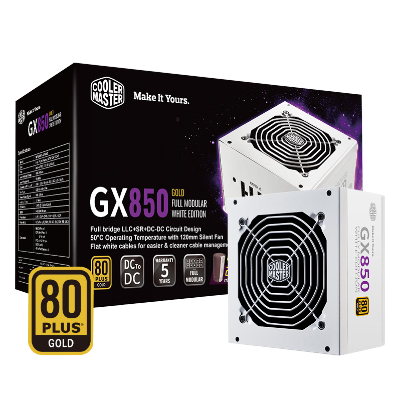 COOLER MASTER 酷冷至尊 GX850W 金牌（90%）全模组ATX电源 850W 白色