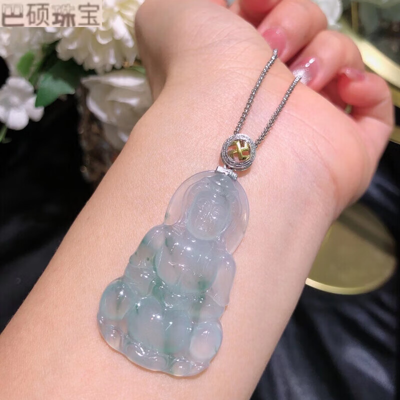 尚荣翡翠观音吊坠挂件18k金镶嵌飘绿玉吊坠观音冰种项链男士翡翠吊坠