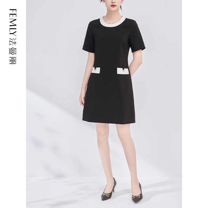 法曼丽2024夏季新款撞色设计感名媛气质简约显瘦连衣裙W2413503 黑色 S