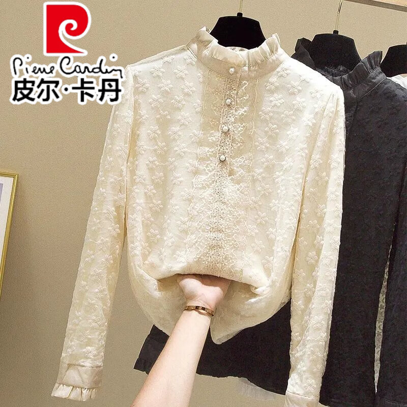 皮爾卡丹（pierre cardin）立領(lǐng)蕾絲衫女秋冬季網(wǎng)紗繡花長(zhǎng)袖加厚加絨打底衫修身女士蕾絲襯衫 杏色 加絨 L 104-113斤