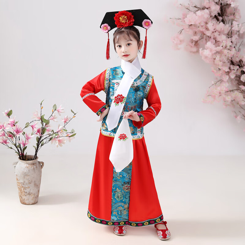 金寵兒童格格服滿族服裝清朝裝女貴妃公主還珠格格女童古裝攝影演出服 藍色 100cm
