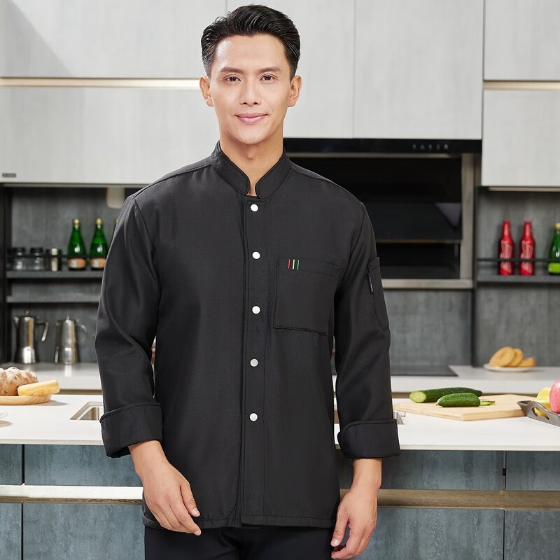 倍珩加绒长袖厨师服定制酒店餐厅饭店食堂后厨秋冬厨师工作服 黑色