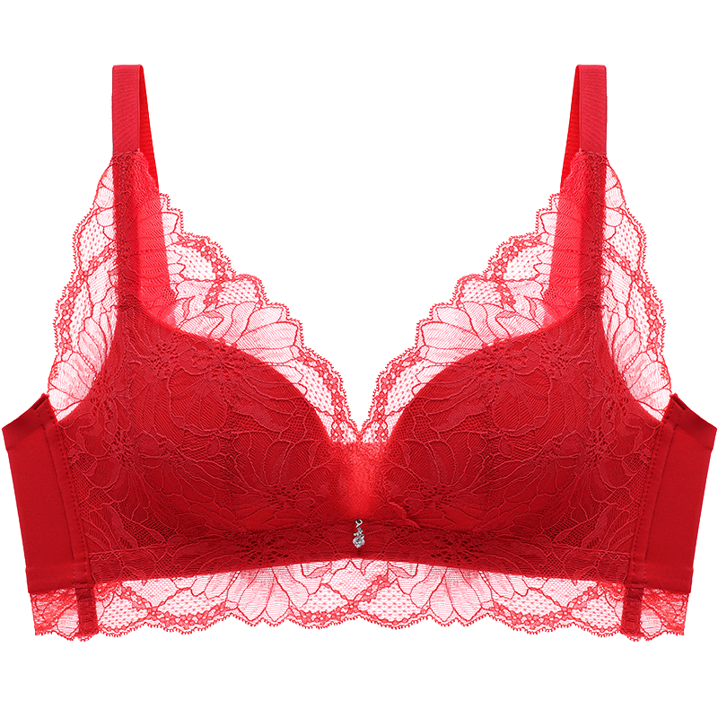歐迪芬紅色內(nèi)衣女無鋼圈文胸聚攏文胸蕾絲抗菌本命年胸罩送女友禮物