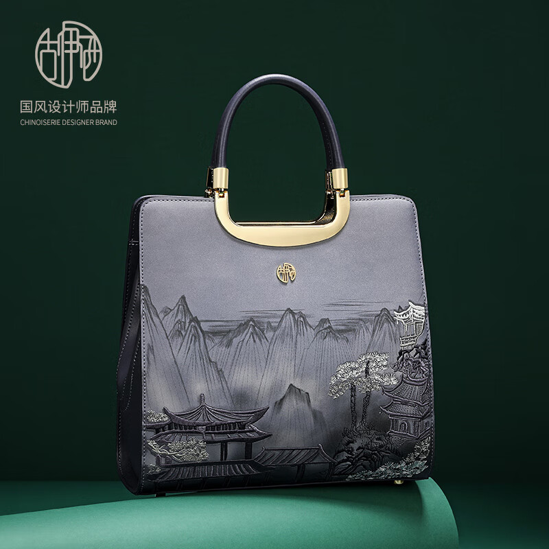 古伊西女包送生日礼物高档中国风轻奢刺绣妈妈包牛皮手提包汉服旗袍包包 黛蓝+送礼品袋+代写贺卡