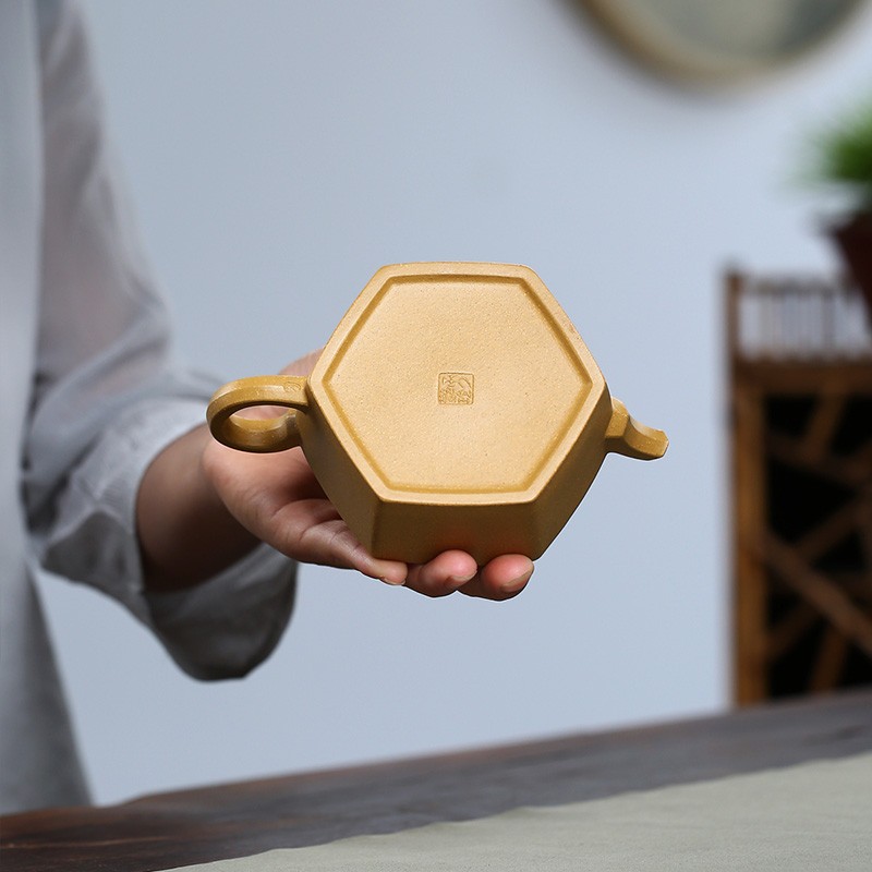 京峰阁 茶具宜兴紫砂壶原矿段泥六方云台壶 全手工手作功夫茶壶160ml 六方云台方艳玲黄金段泥紫砂壶160cc