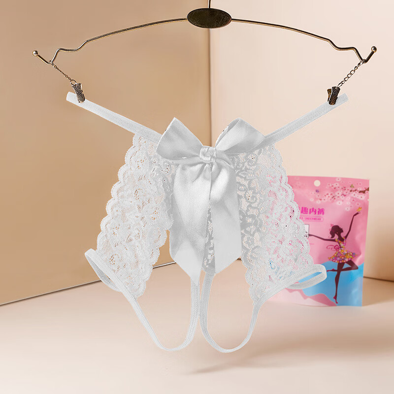 歌莱兔t字裤内裤女性感蕾丝t字裤开档免脱透明诱h 灰白 xl