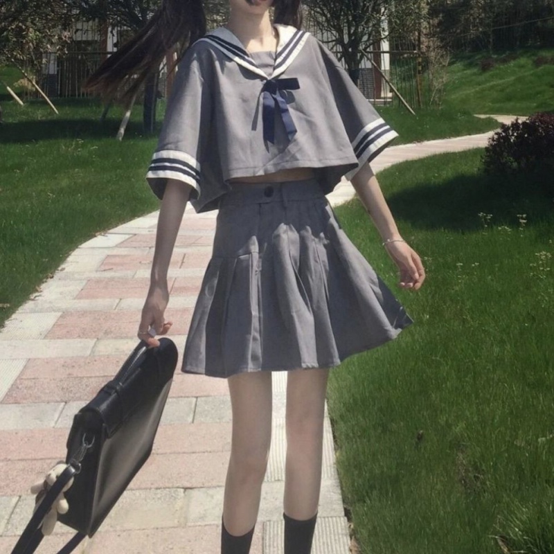 褶短裙学院风校服日系短款水手服zop 灰色上衣 灰色裙子(收藏优先货)