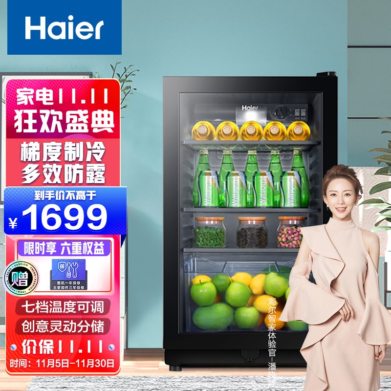 海尔（Haier）100升家用客厅办公室冷藏柜冰吧 饮料茶叶水果保鲜柜小型冰箱DS0100A