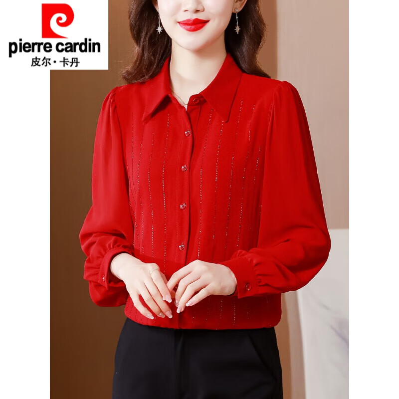 cardin春季 雪纺衬衫长袖春款新款中年高贵洋气小 品牌旗舰红色 品牌