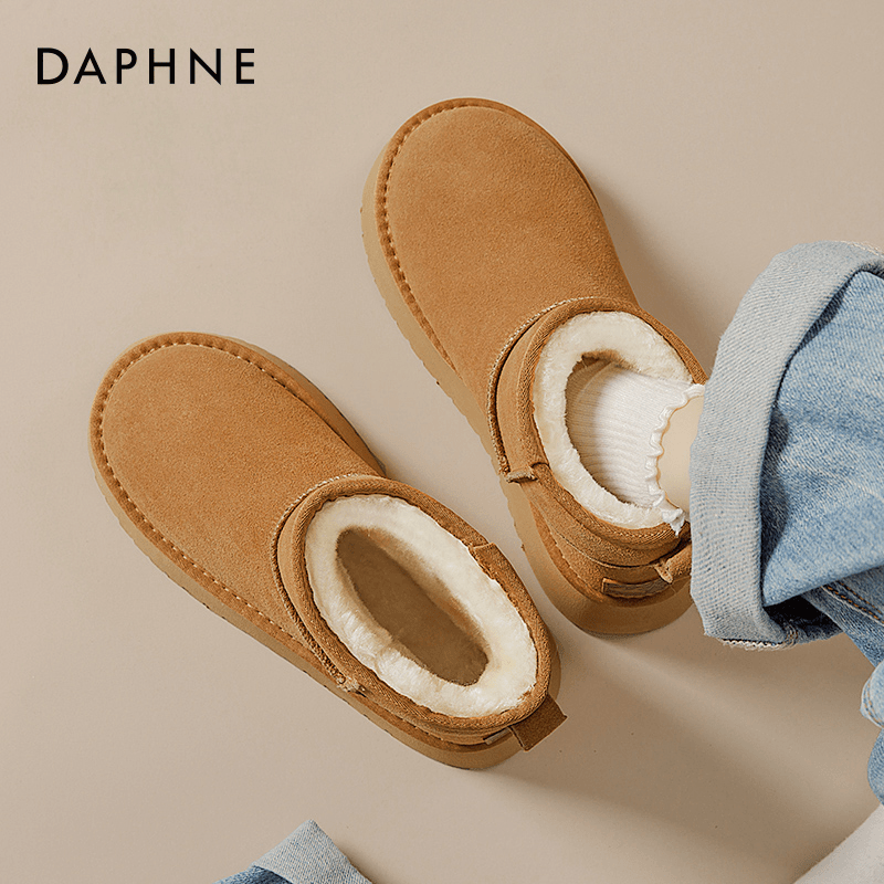 达芙妮牛皮雪地靴女爆款2025冬季女鞋加绒加厚防滑靴子保暖棉鞋短靴子女 栗色【厚底4.5cm】 37
