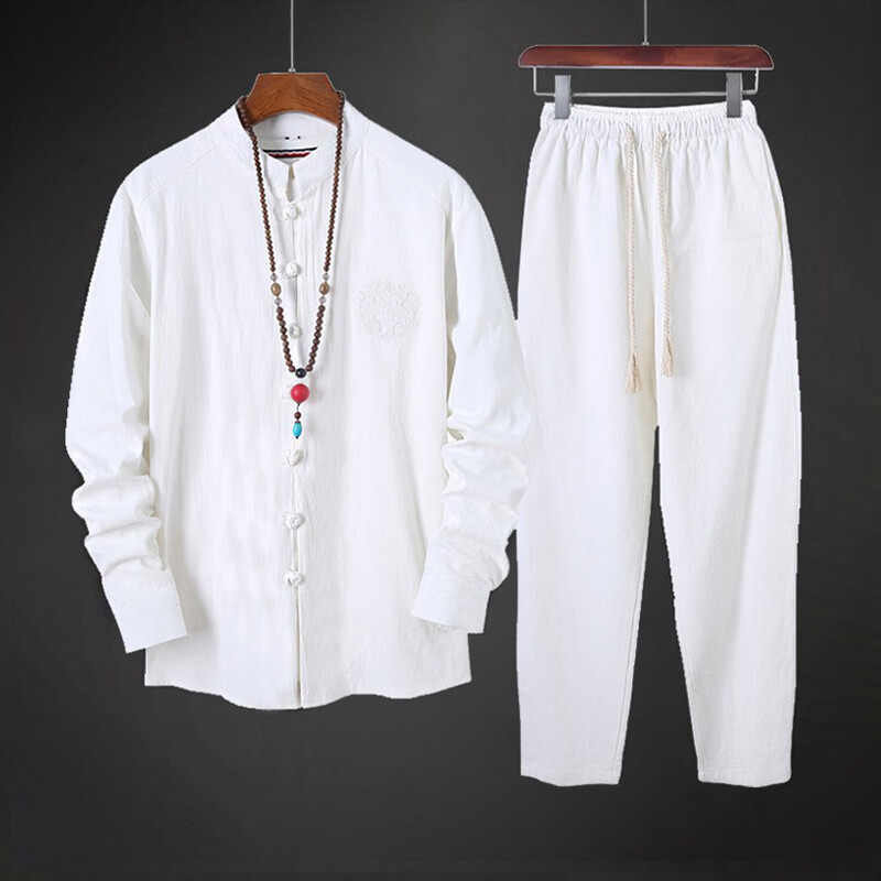 亚麻套装男中式汉服两件套棉麻 白色(7058) 【m】参考体重90-110斤