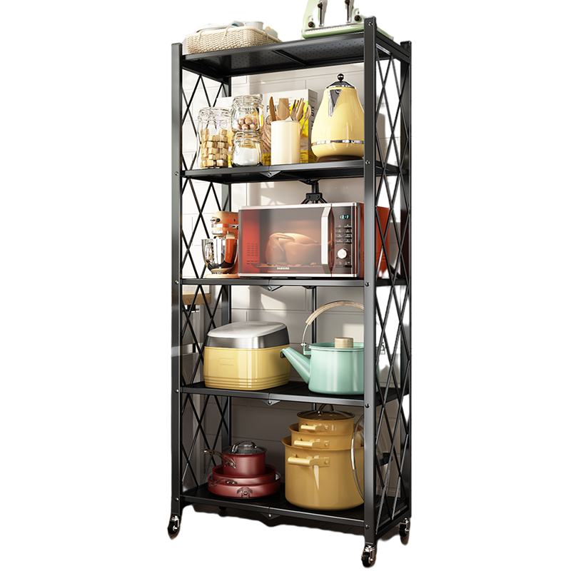 免安装厨房置物架可折叠落地多层微波炉烤箱架子蔬菜水果推车家用客厅阳台碗架储物架调料架收纳架杂物架夹缝 黑色5层【长71.5宽36.5高160cm】