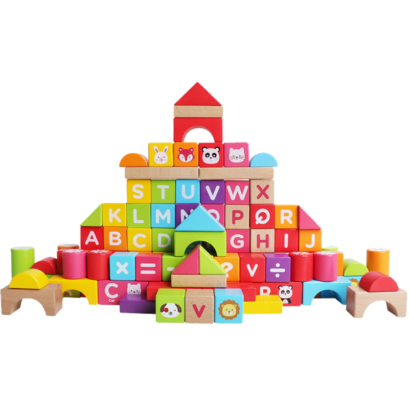 木玩世家木頭積木拼裝玩具實木積木嬰兒啟蒙大顆粒男女孩兒童木制桶裝 桶裝100粒繽紛積木