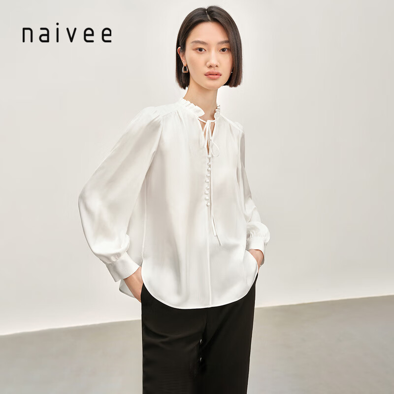 纳薇（naivee）商场同款naivee纳薇23夏新款醋酸艺术感木耳系带领灯笼袖白衬衫 白色 155/80A