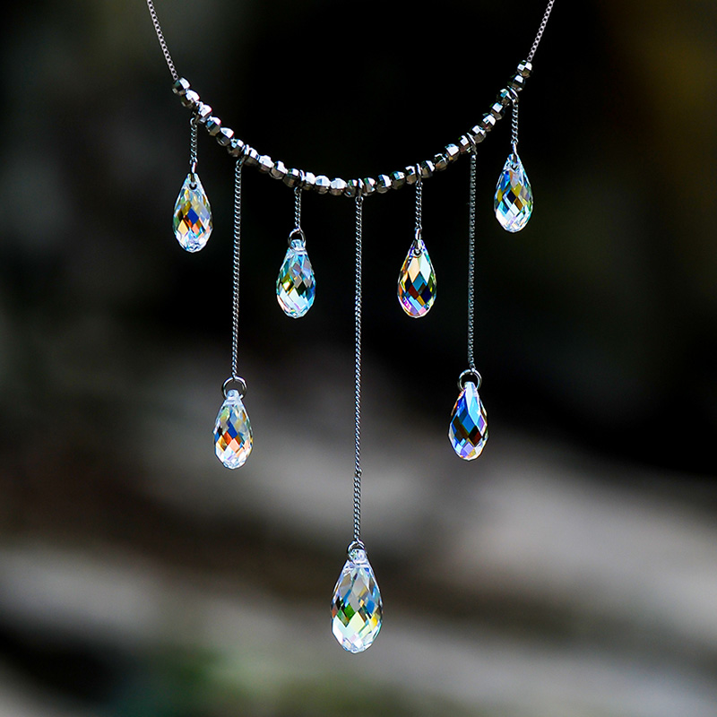 忆奴娇小乔s925银饰品设计感水晶项链多层水滴流苏短款锁骨链气质颈链