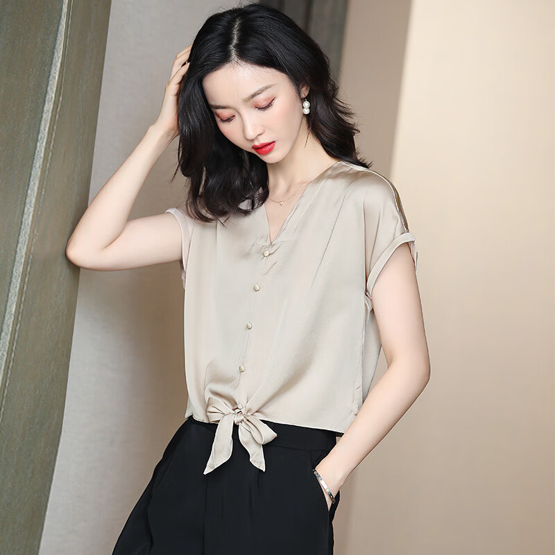 清雅若兰时尚潮流舒适纯色真丝上衣夏季高端女装显气质打结衣摆真丝