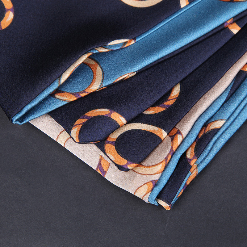 达芬奇密码 丝巾小长巾女百搭春秋仿真丝窄边杭州丝绸丝巾 玉环连珠 孔蓝