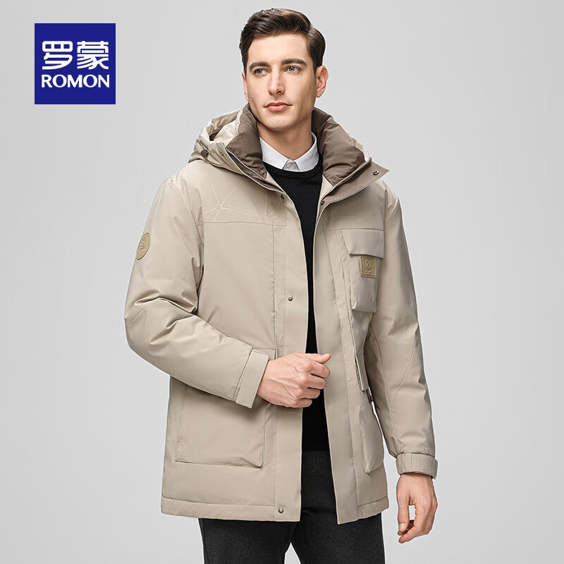 罗蒙鹅绒羽绒服男冬季新款中青年时尚潮流连帽保暖外套  卡其 L 175（建议115-130斤）