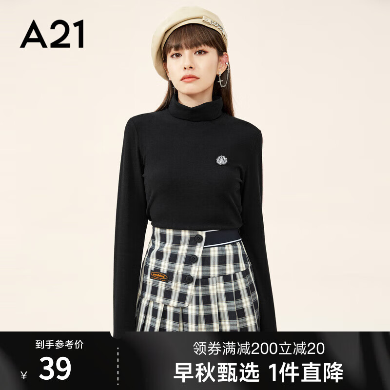 A21女装针织修身高领长袖T恤衫 黑色 L