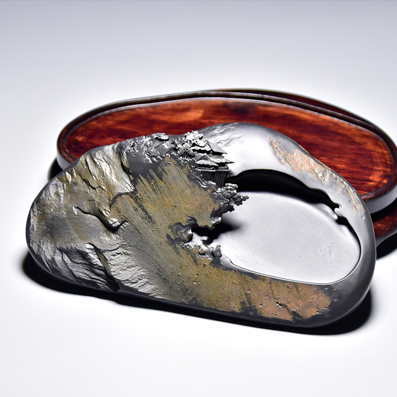 重礼歙砚张子坚作品手工雕刻遥望溪山歙砚原石黑龙尾原石砚台文房收藏