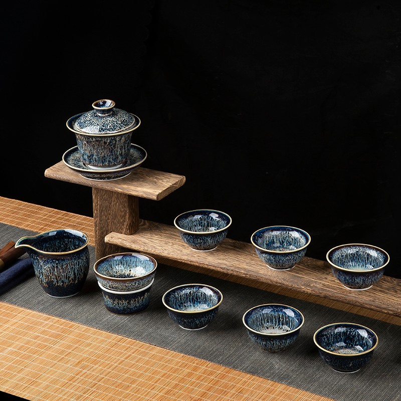 鋆钰景德镇陶瓷茶具套装曜变天目釉礼品盖碗套组茶漏盖置 盖碗十件套 6人饮 10件 色釉