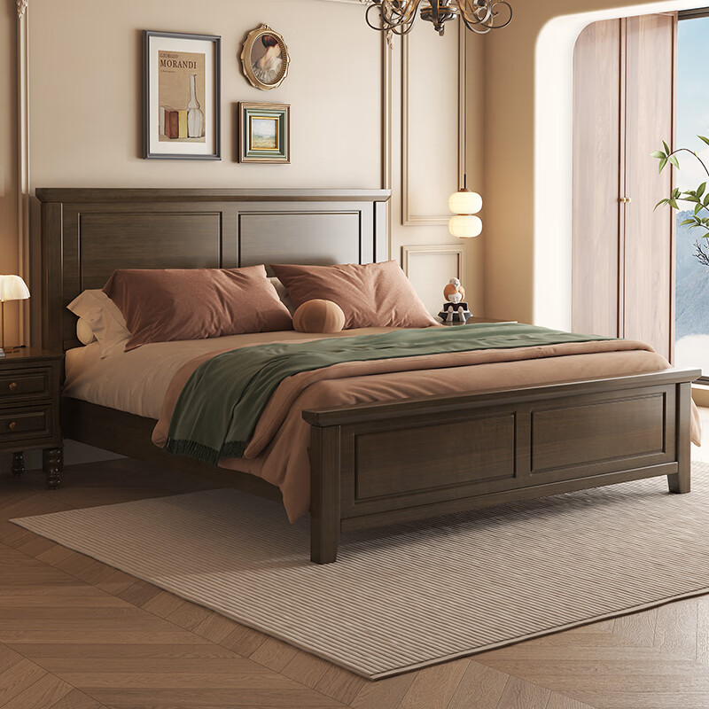 裕百年美式乡村床复古实木大床1.8米主卧家具1.5m现代简约1.2米高箱储物 单床+床头柜*2 1.8*2.0米框架款