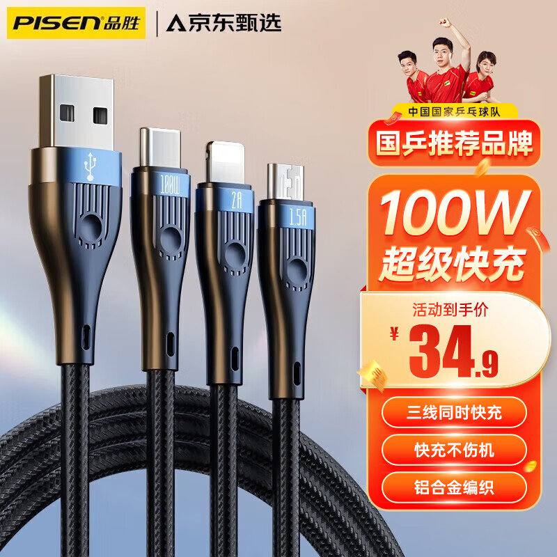 品胜【隔日达】数据线三合一100W66W超级快充一拖三充电线器6A5A适用苹果14/13华为小米手机安卓Type-c 【一拖三】100W超级快充【1.2m魔幻黑]】使用感如何?