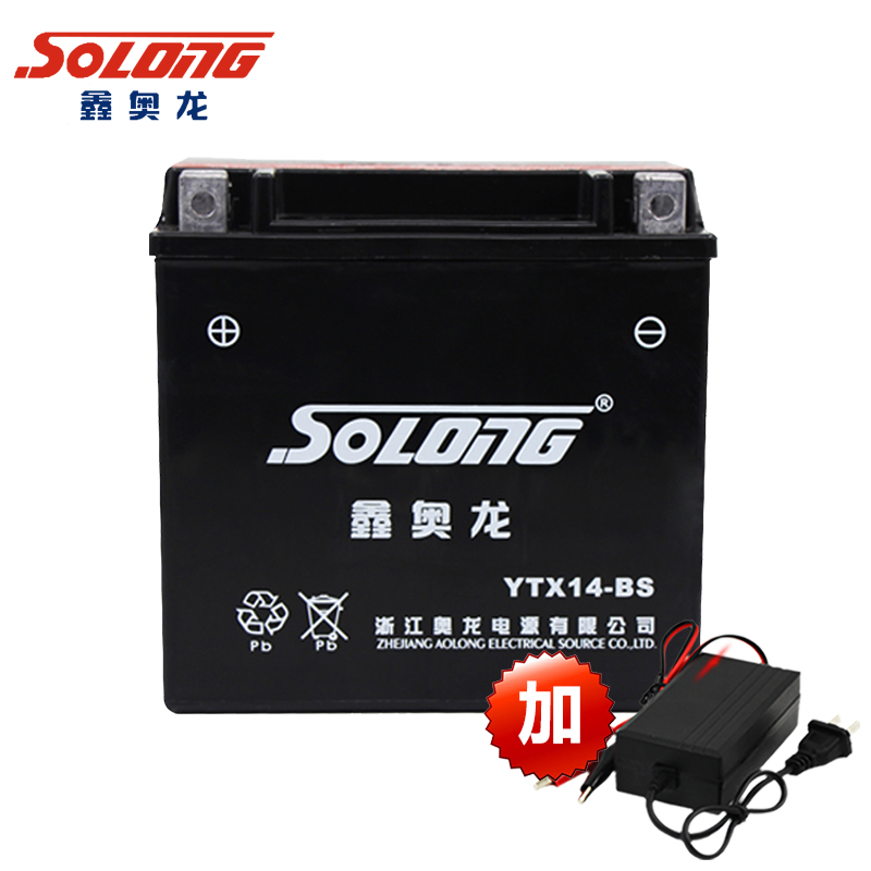 鑫奥龙摩托车电瓶YTX14-BS带充电器 12v12A免维护干电池通用MFX14-RS哈雷883电瓶x48硬汉750可替DTZ14S-C