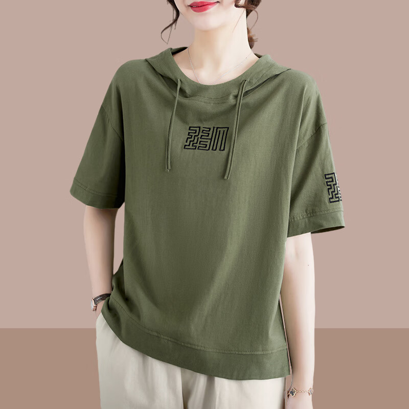 皮尔卡丹品牌 纯棉连帽短袖t恤女夏季新款女装带帽衫半袖上衣 绿色 m