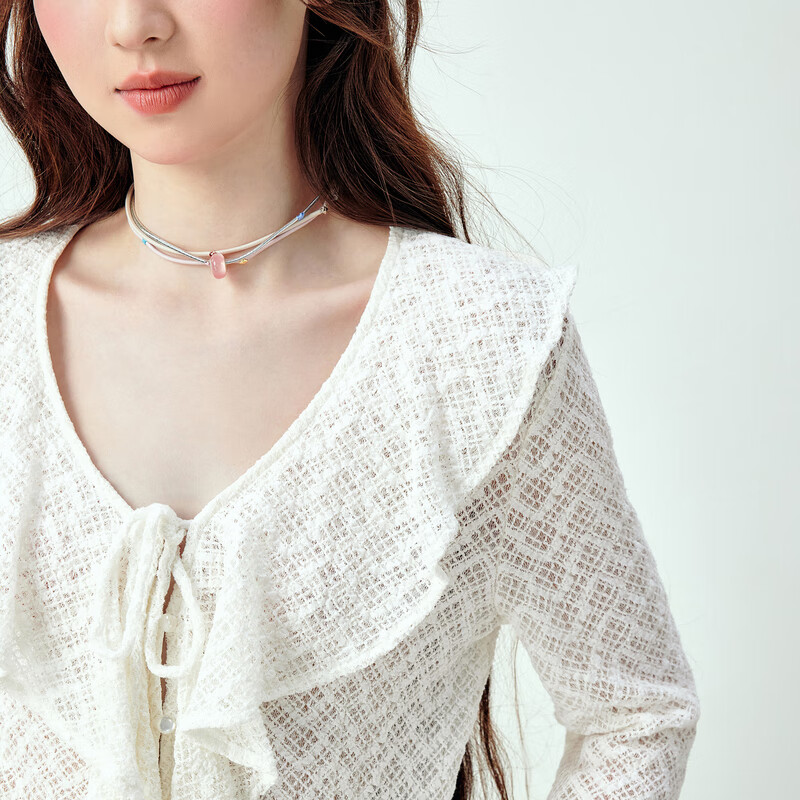 乐町甜美浪漫感木耳边设计蕾丝雪纺衫女夏季新款宽松天丝上衣 白色(现货) M